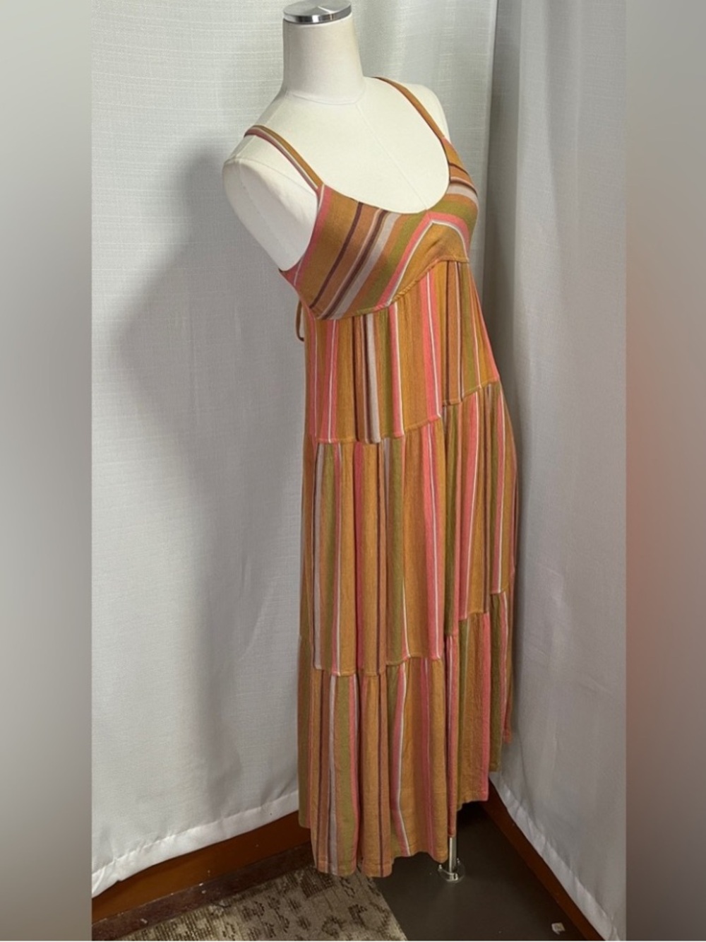 PrAna Lizzola Striped Tiered Maxi Dress in the colorway Cacti Soleil Stripe